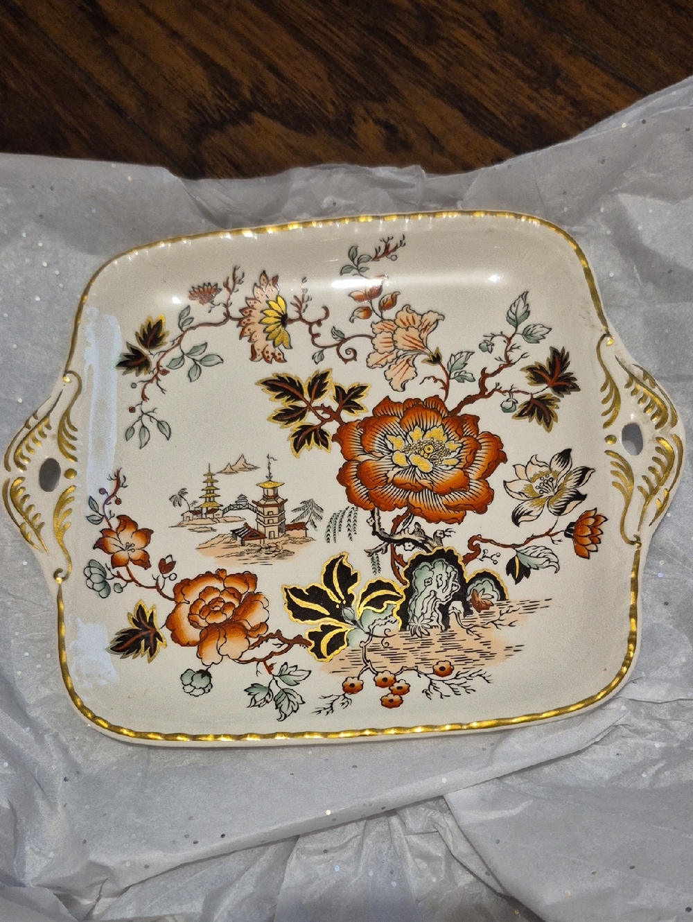 Floral Scalloped Porcelain Serving Tray - Gold Trim
